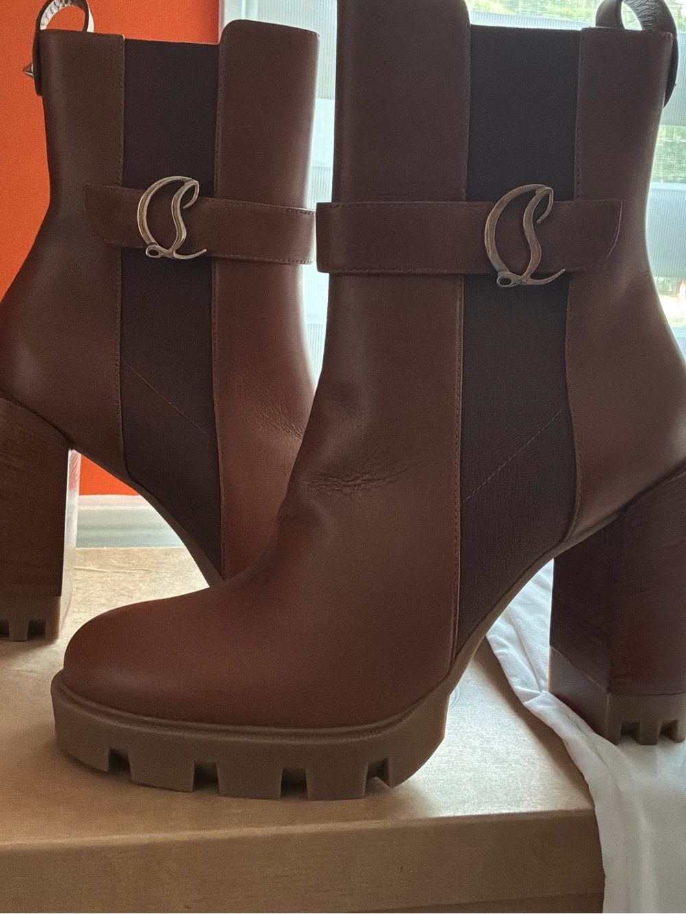 Christian Louboutin Brown Leather Lug-Sole Block Heel Chelsea Boots